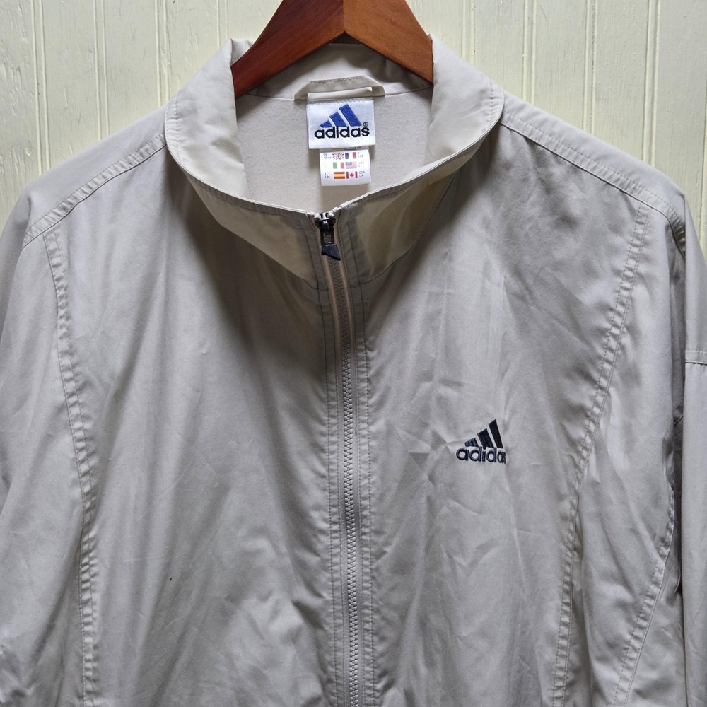 Adidas Jacket Mens Large Beige Full Zip Stand Collar Lightweight Windbreaker